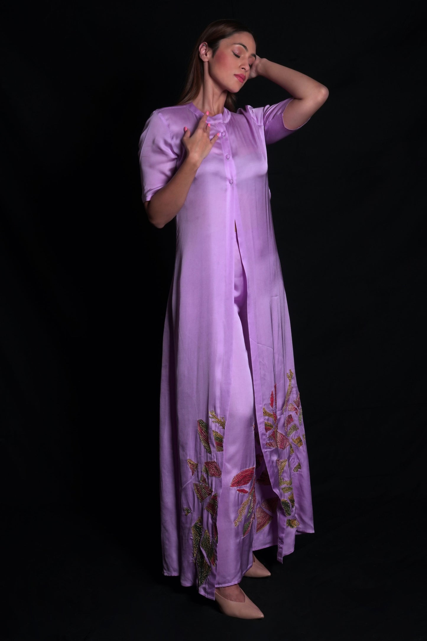 Purple rose trousers with broken flower applique embroidery