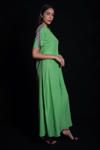 Absinthe green long dress with geometric embroidery on the shoulder
