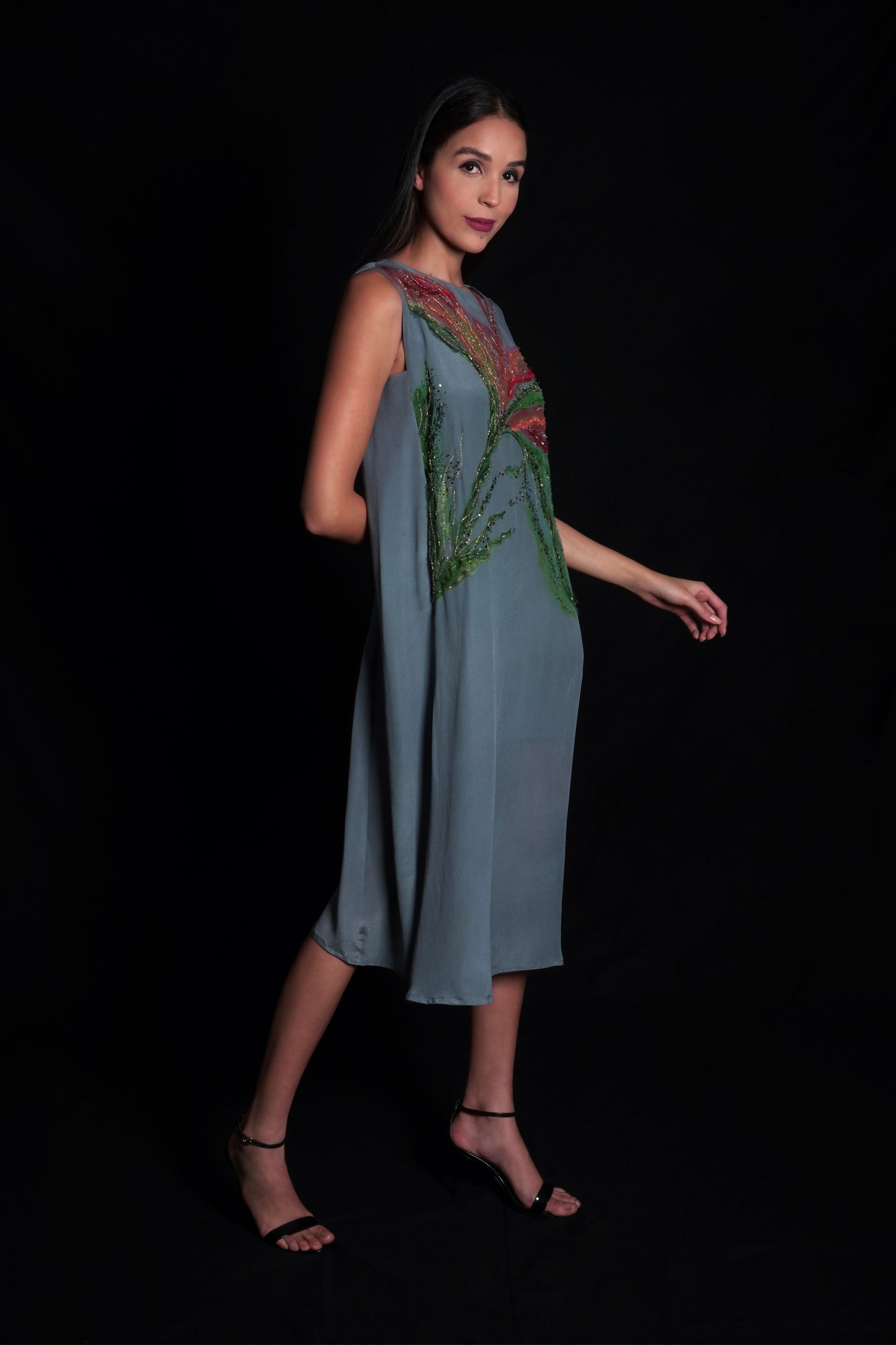 Titanium women's dress with placement prints and embroidery highlights