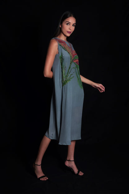 Titanium women's dress with placement prints and embroidery highlights