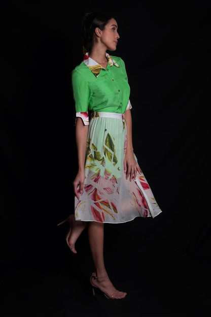 Absinthe green printed dress featuring floral printed collar and cuff