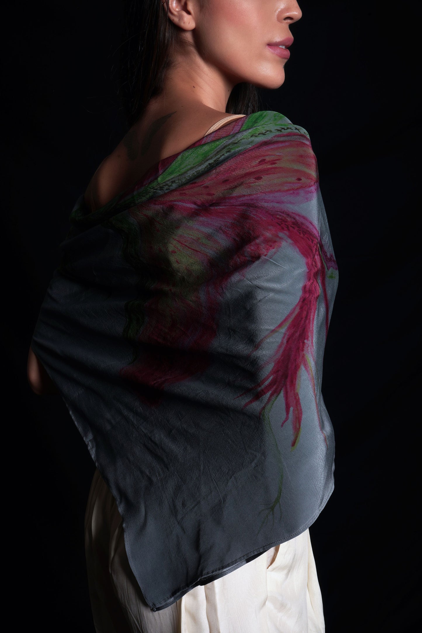 Titanium scarf featuring organza applique embroidery