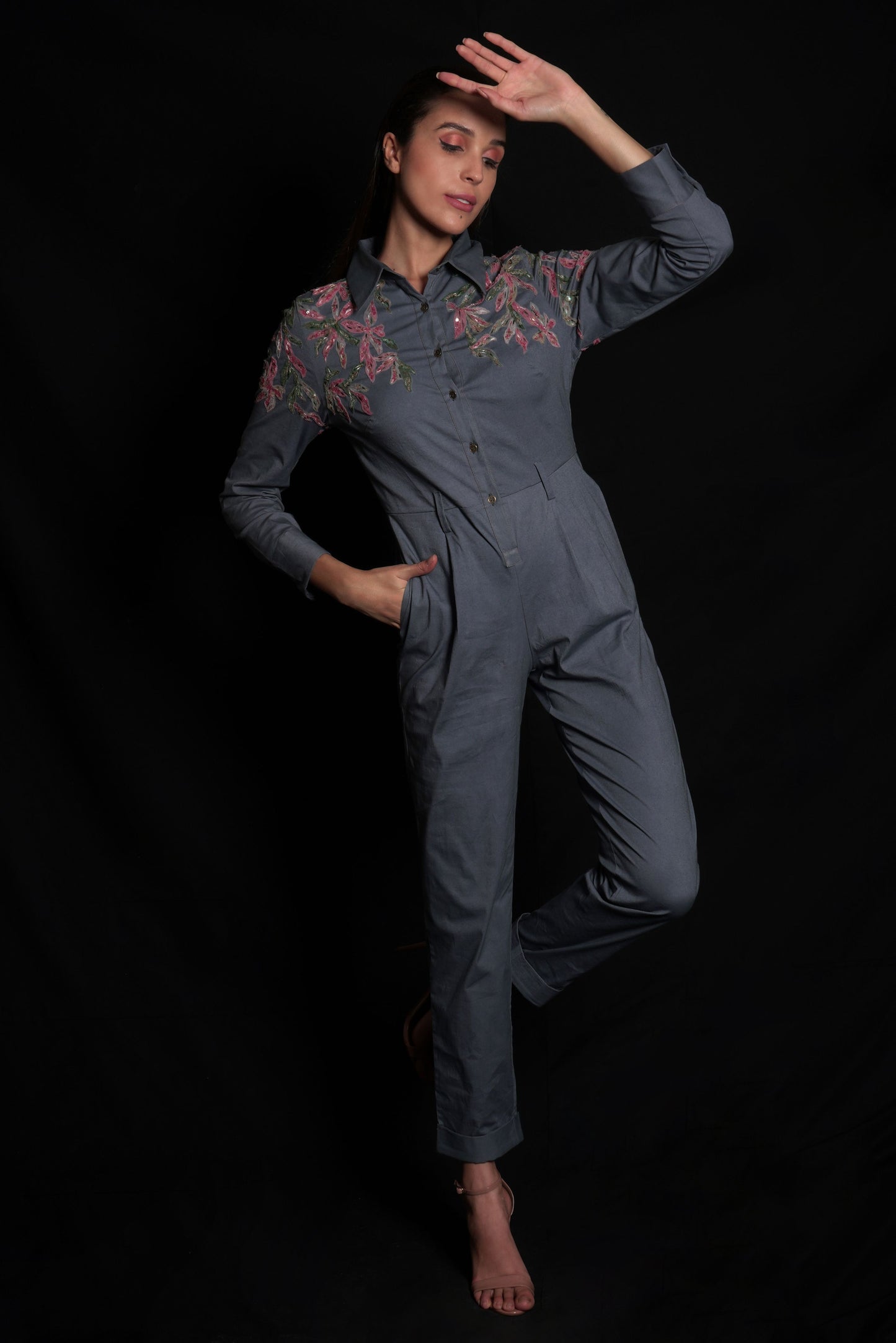 Titanium jumpsuit featuring tulle hand-embroidery