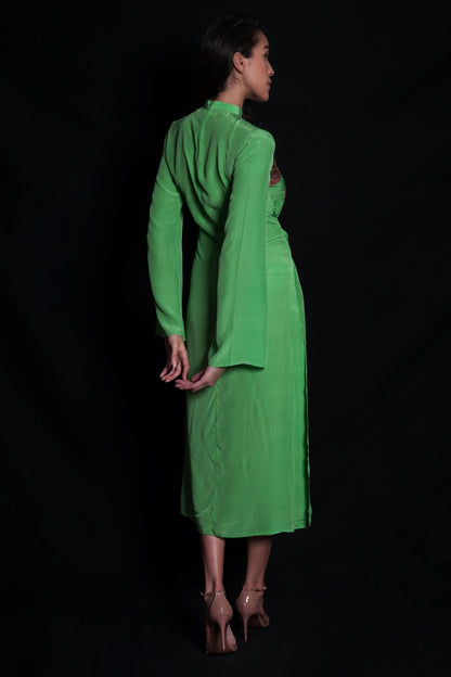 Absinthe green printed dress featuring a high slit and embroidery highlights