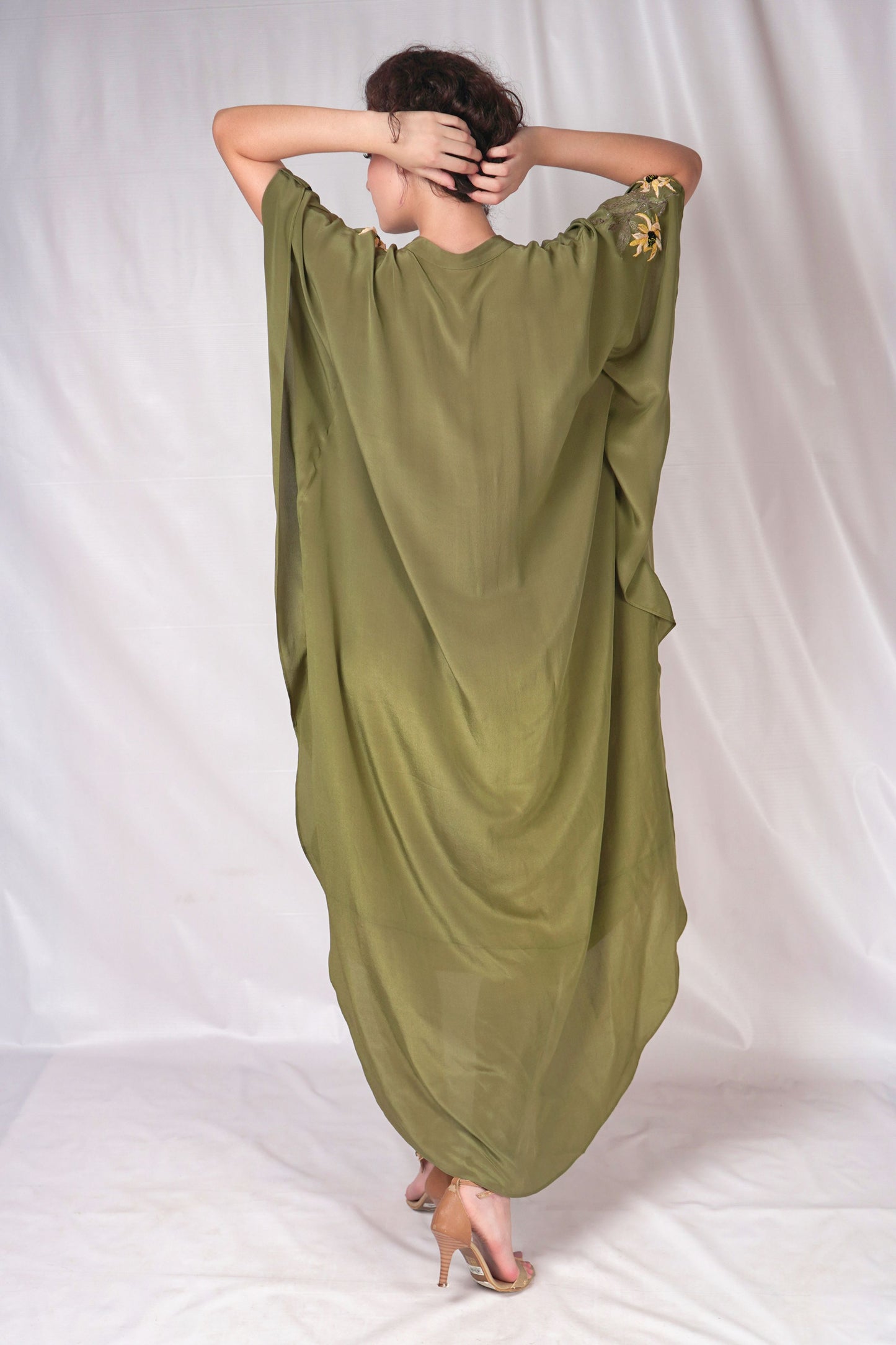 Green Flowy Kaftan with Embroidery Details