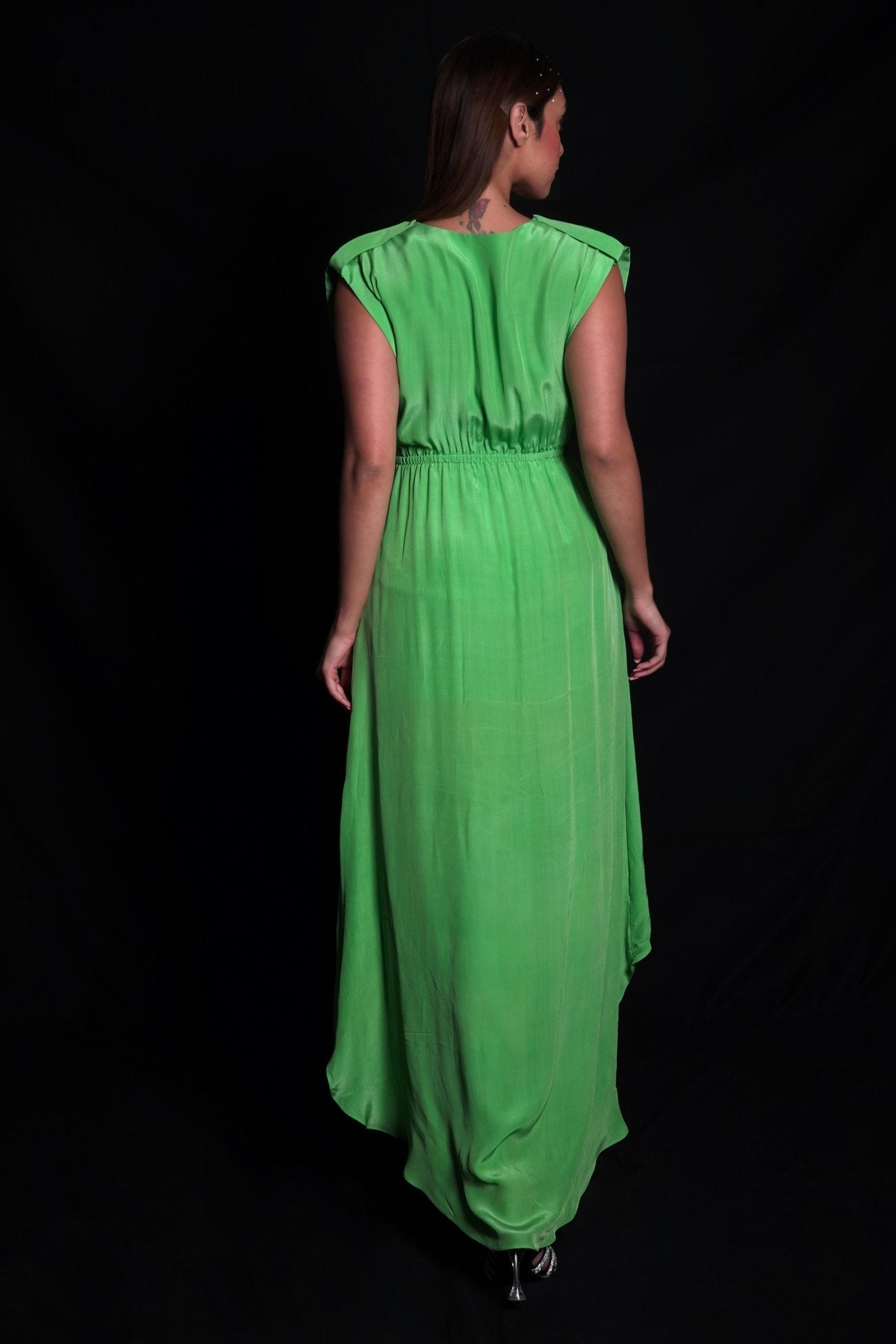 Absinthe green long dress with broken flower applique embroidery
