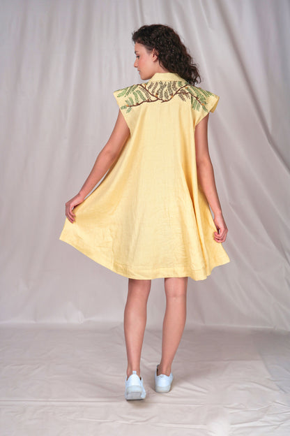Casual cotton button-down dress with embroidery detailing over the shoulder with patch pockets