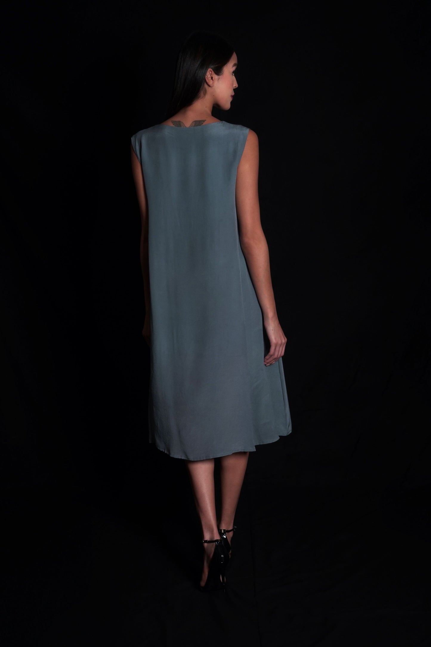 Titanium women's dress with placement prints and embroidery highlights