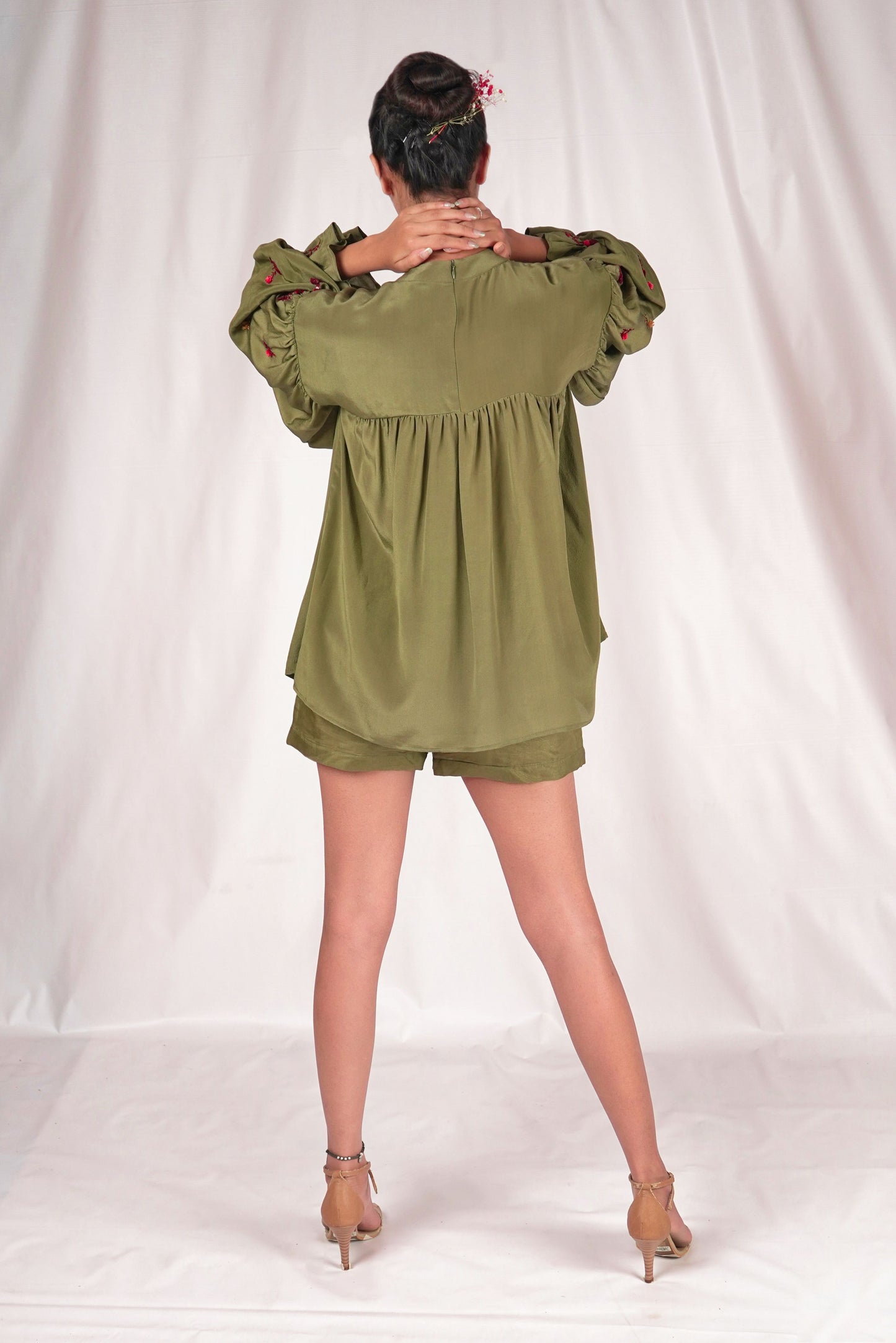 Gathered yoke top with embroidered puff sleeves