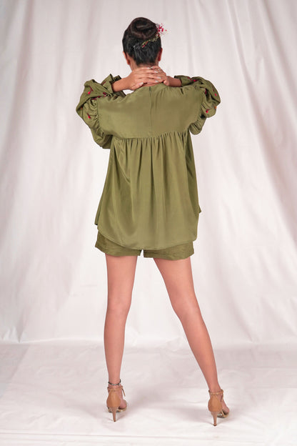 Gathered yoke top with embroidered puff sleeves