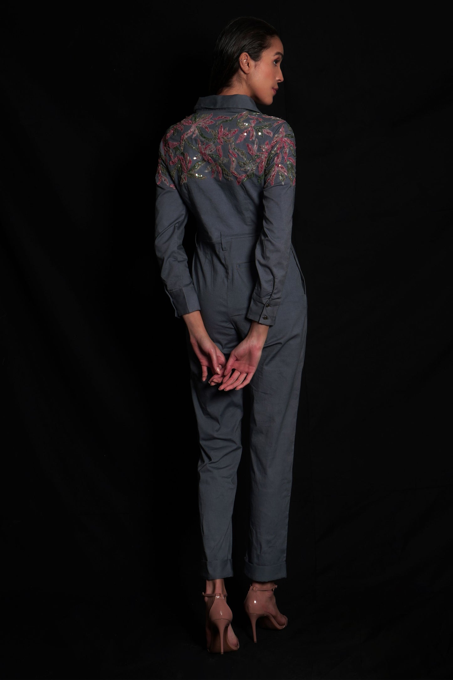Titanium jumpsuit featuring tulle hand-embroidery