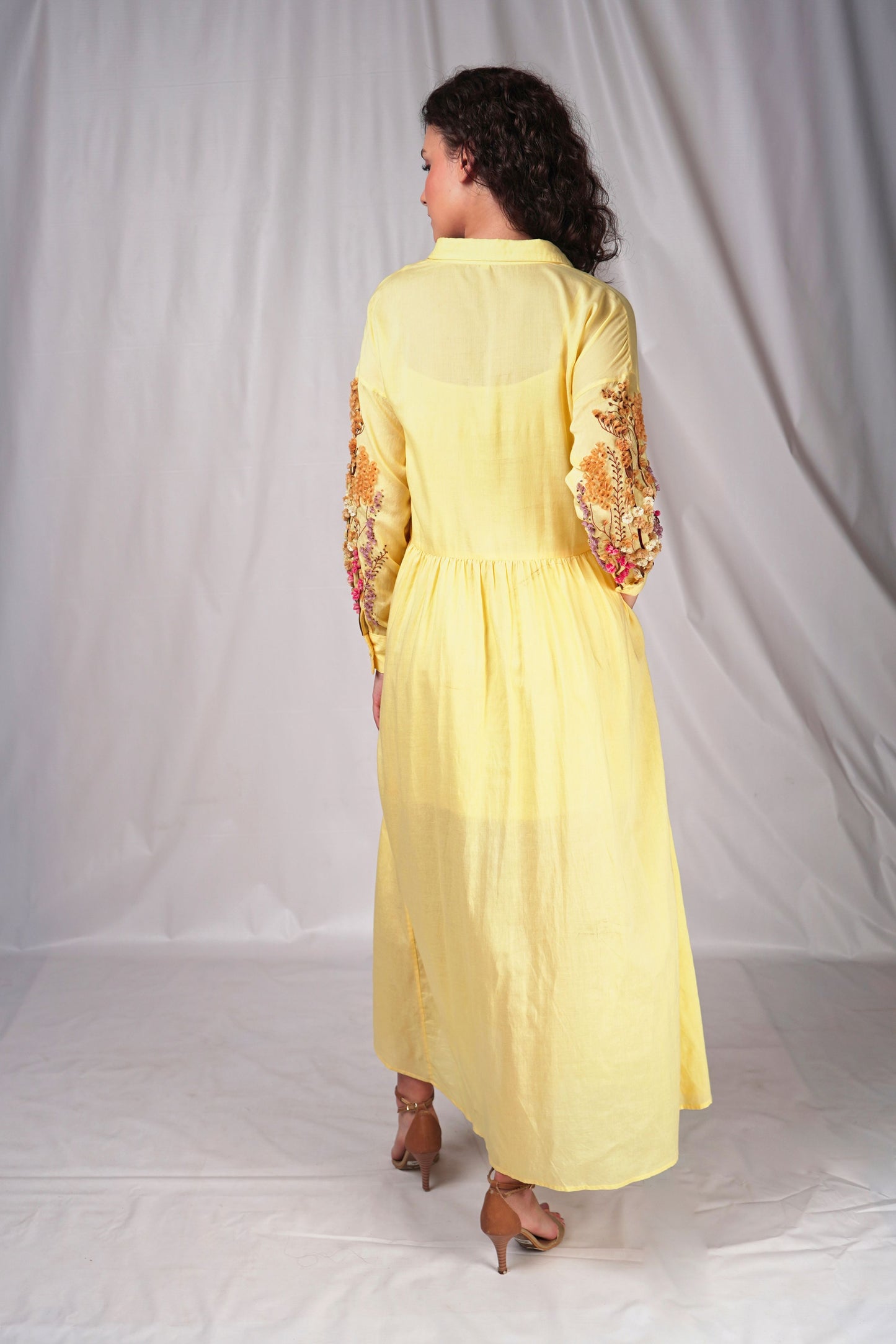 Yellow Long Dress with Embroidery Details on Sleeves