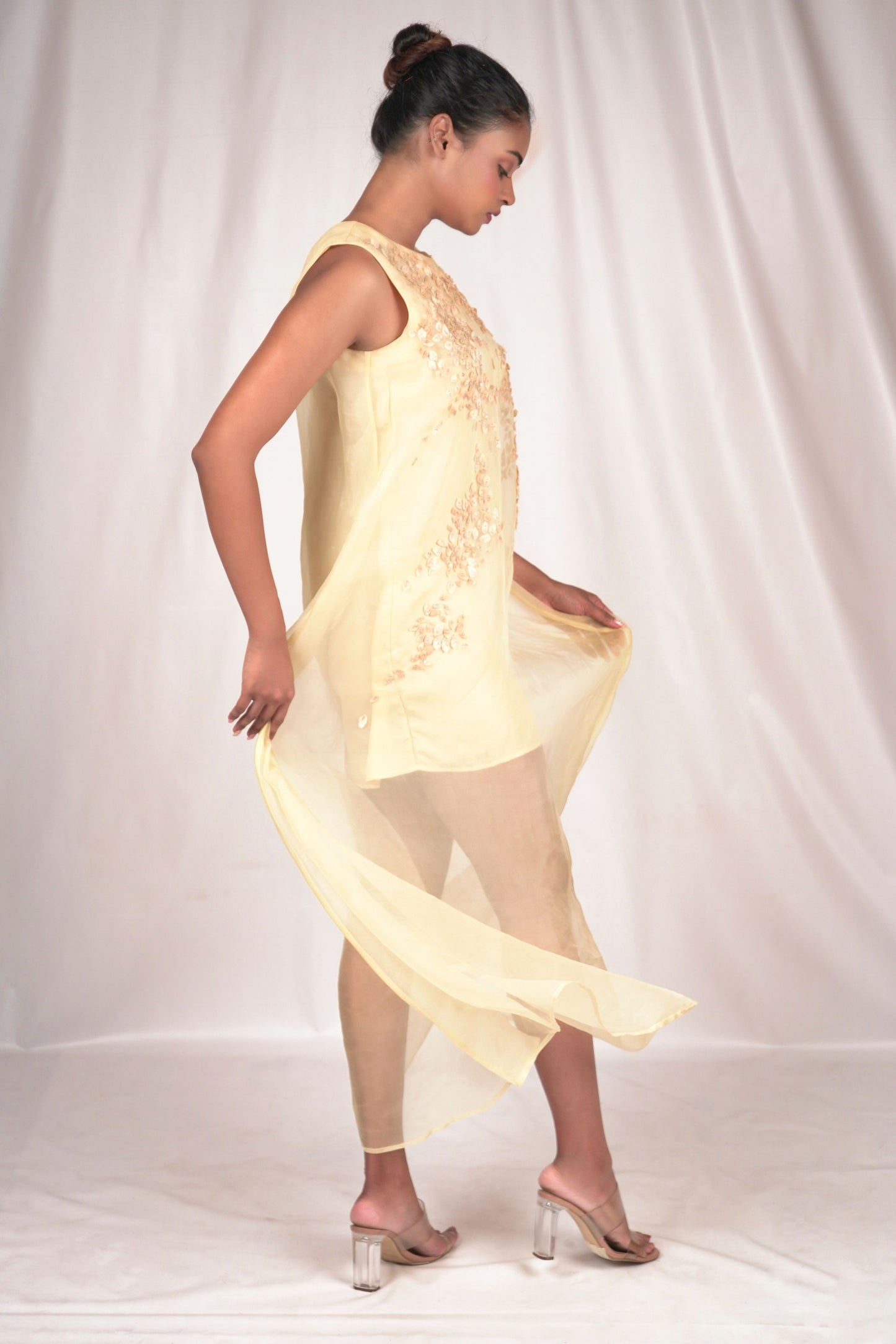 Yellow Hued Organza Dress with Gold Sequin Highlights
