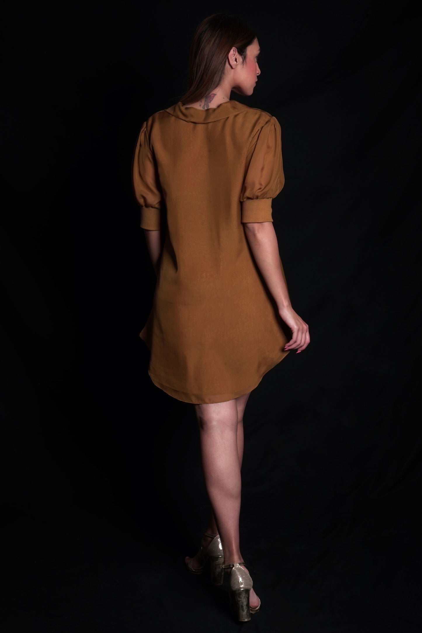 Golden Brown Collared Dress With Embroidery