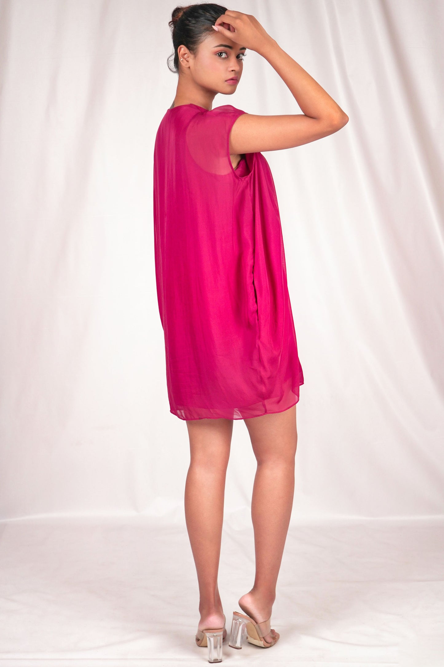 Flowy mauve mid-thigh length dress with gathered detailing