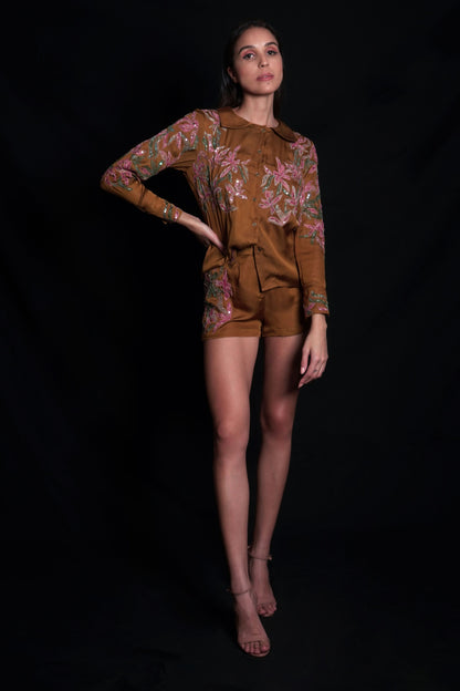 Golden brown shorts featuring tulle applique embroidery