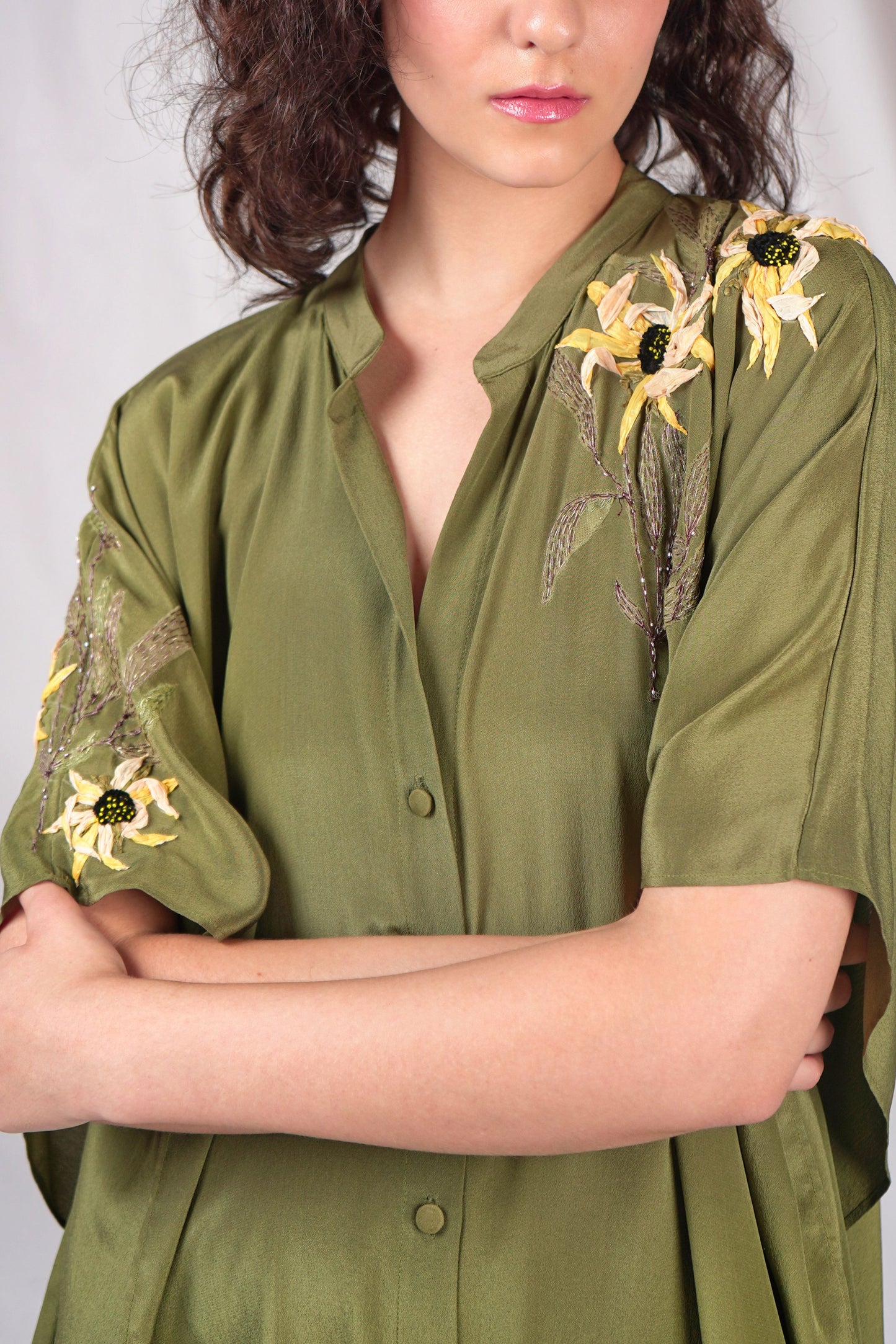 Green Flowy Kaftan with Embroidery Details
