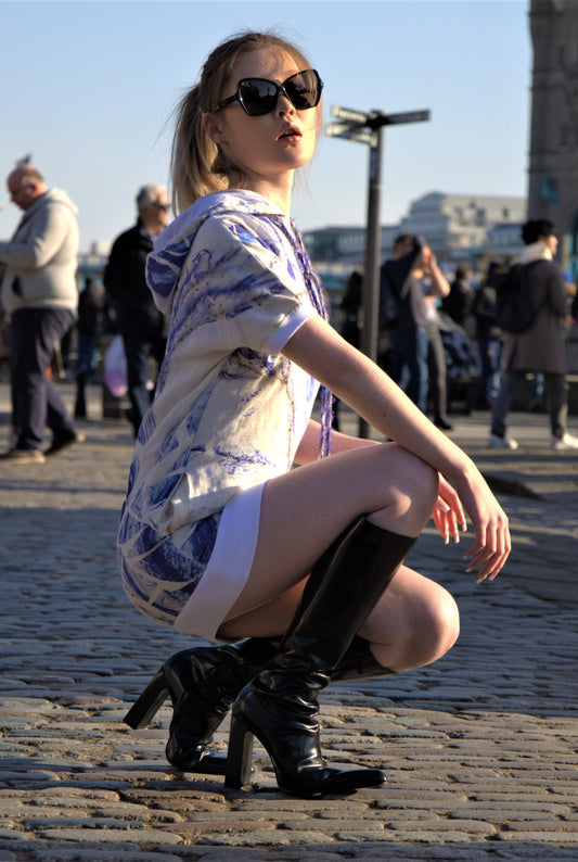 Lunar rock floral printed hooded dress with embroidery highlights