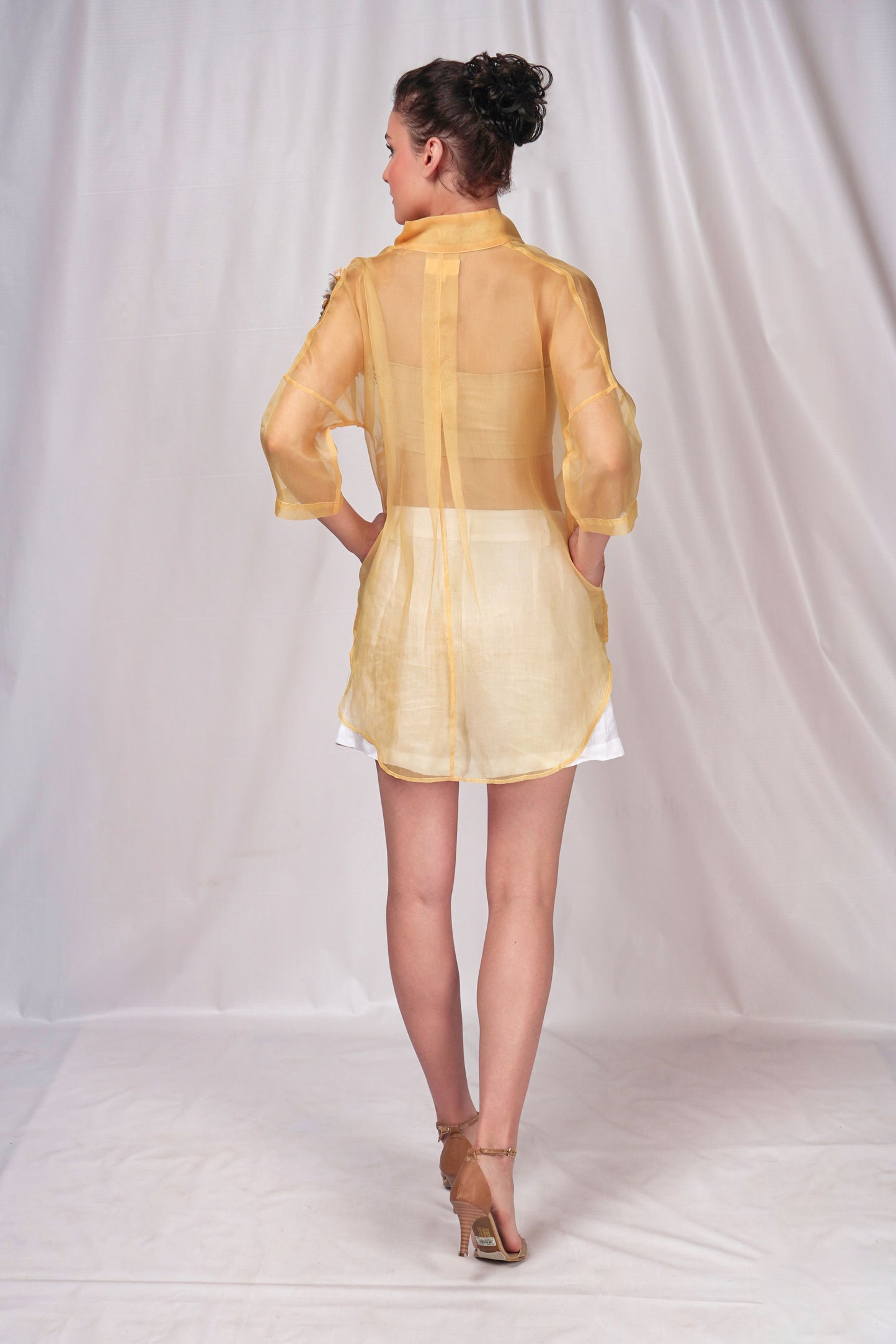 Yellow Organza Overshirt with Embroidery Details