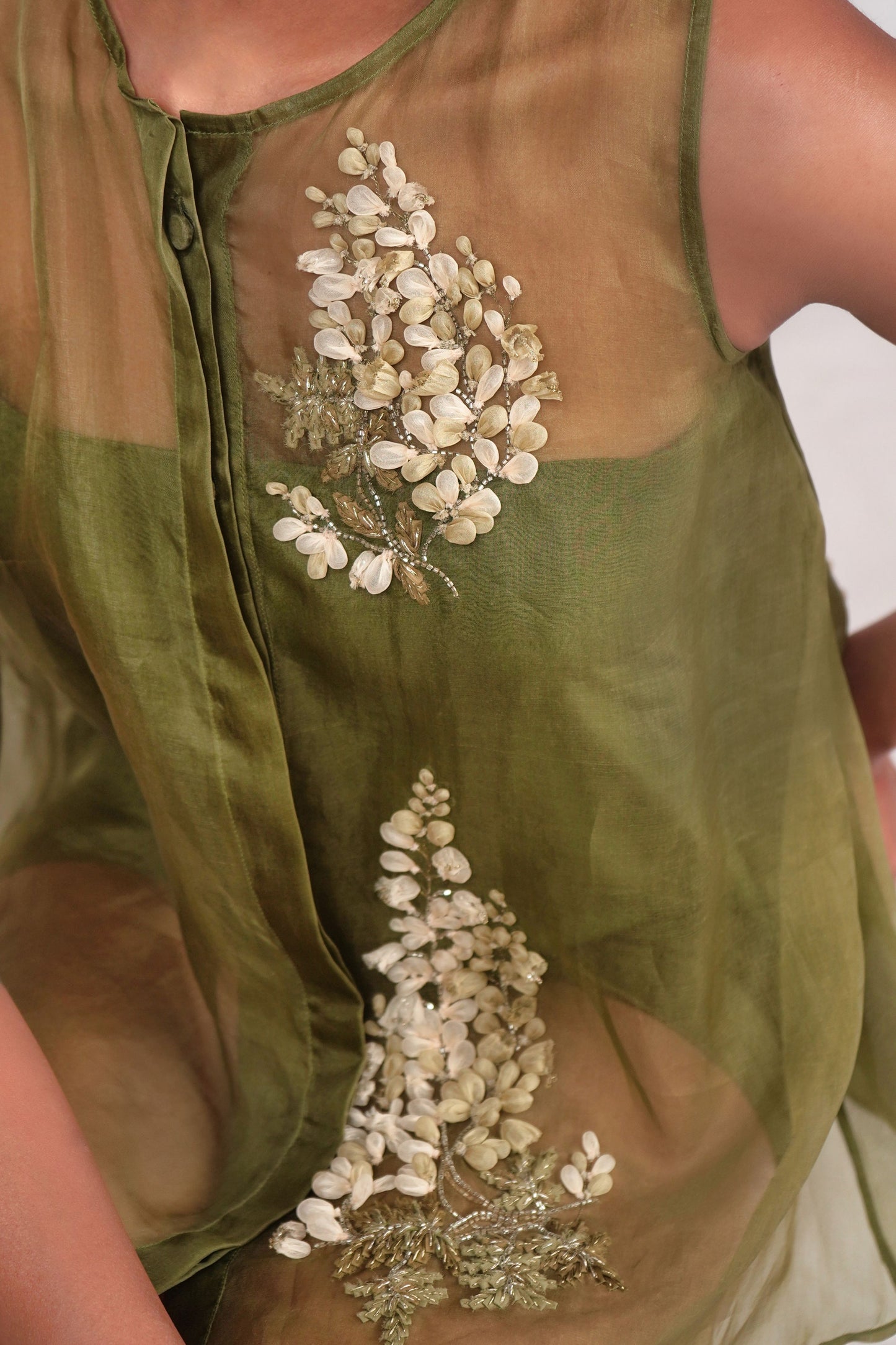 Aloe toned box fitted organza top with intricate hand embroidered detailing