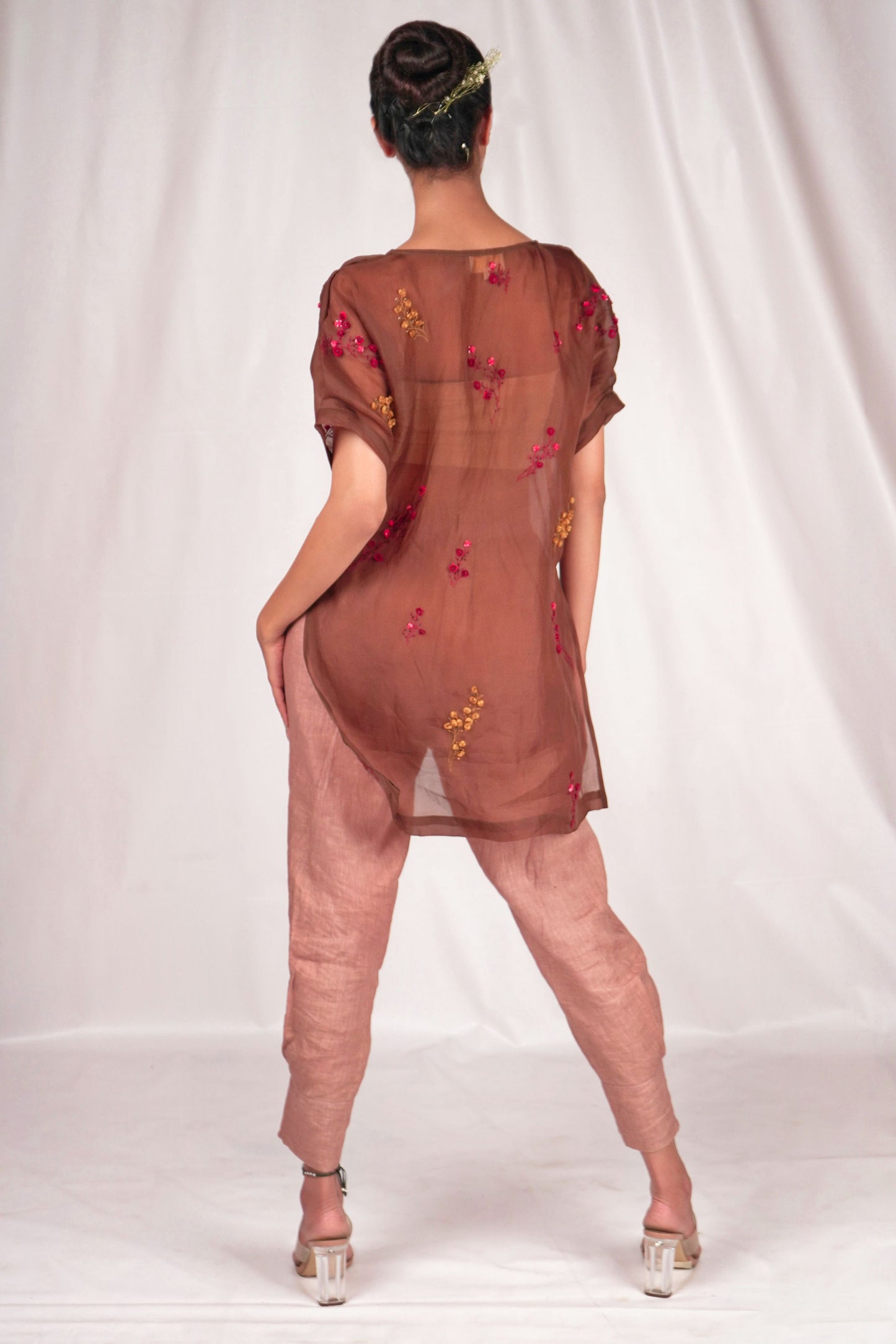 Brown Organza Floral Embroidery Top