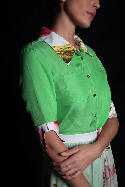 Absinthe green printed dress featuring floral printed collar and cuff
