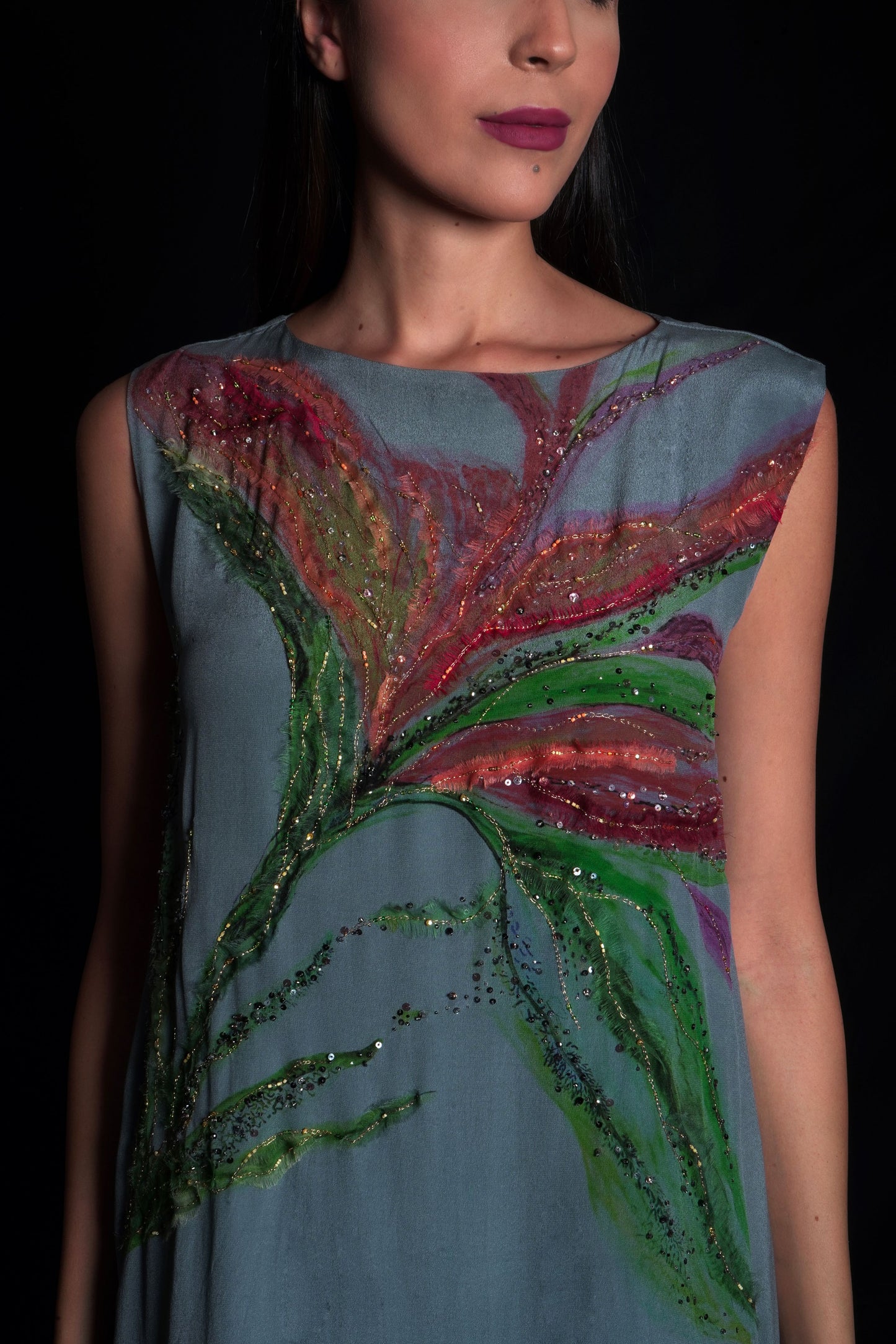 Titanium women's dress with placement prints and embroidery highlights