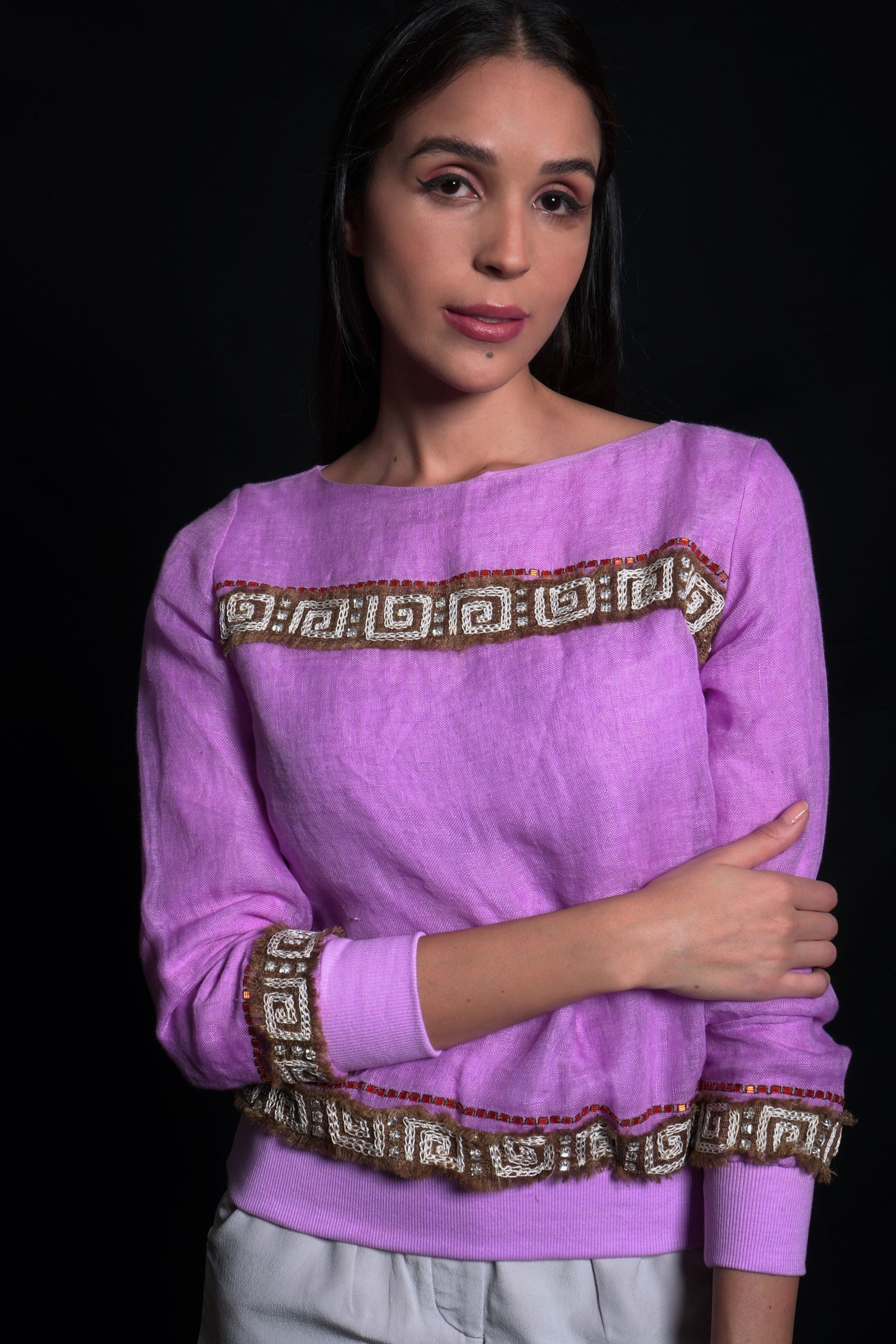 Purple Rose Geometric Embroidered Top