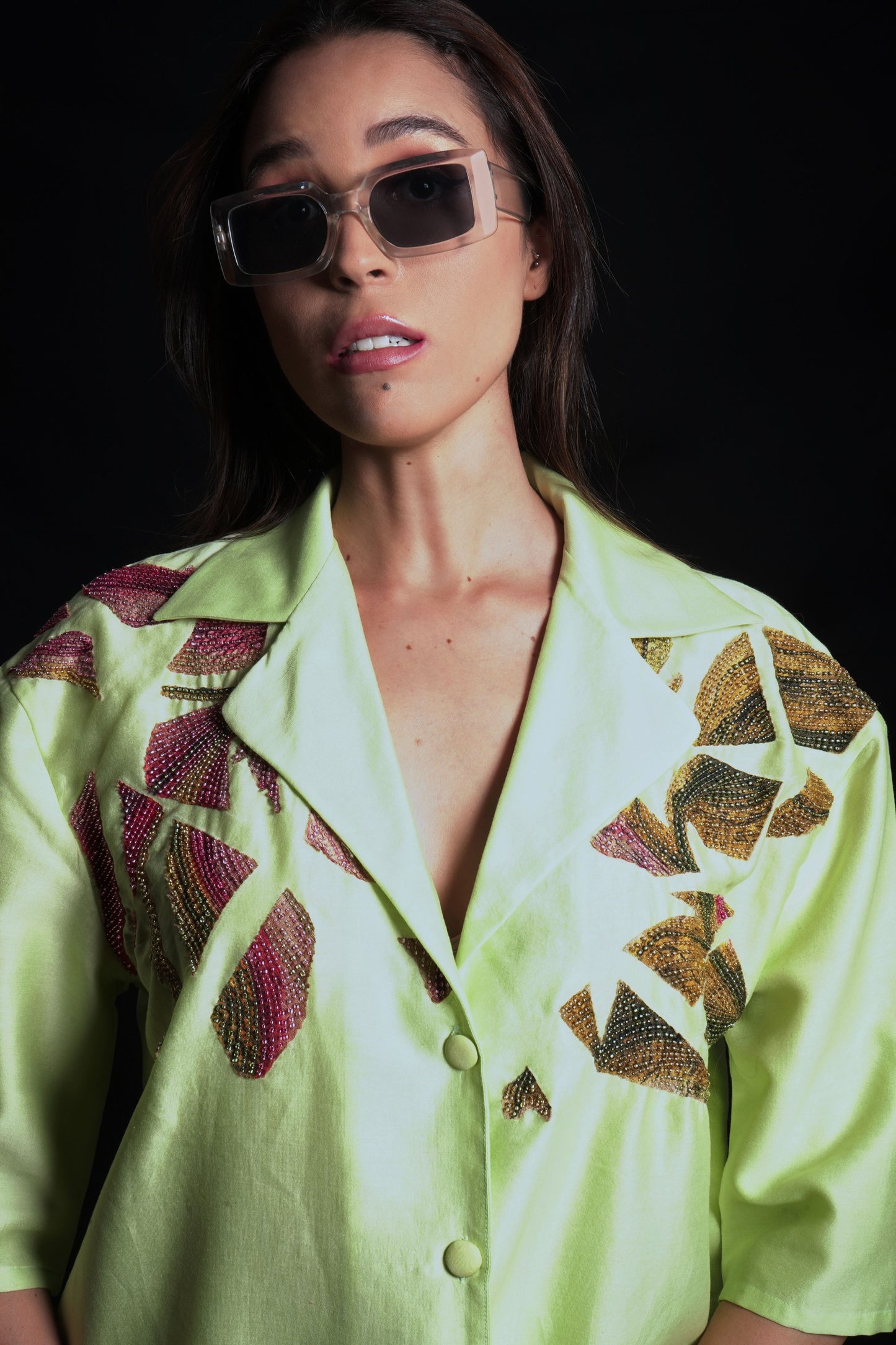 Daiquiri green chanderi shirt with hand-embroidery applique