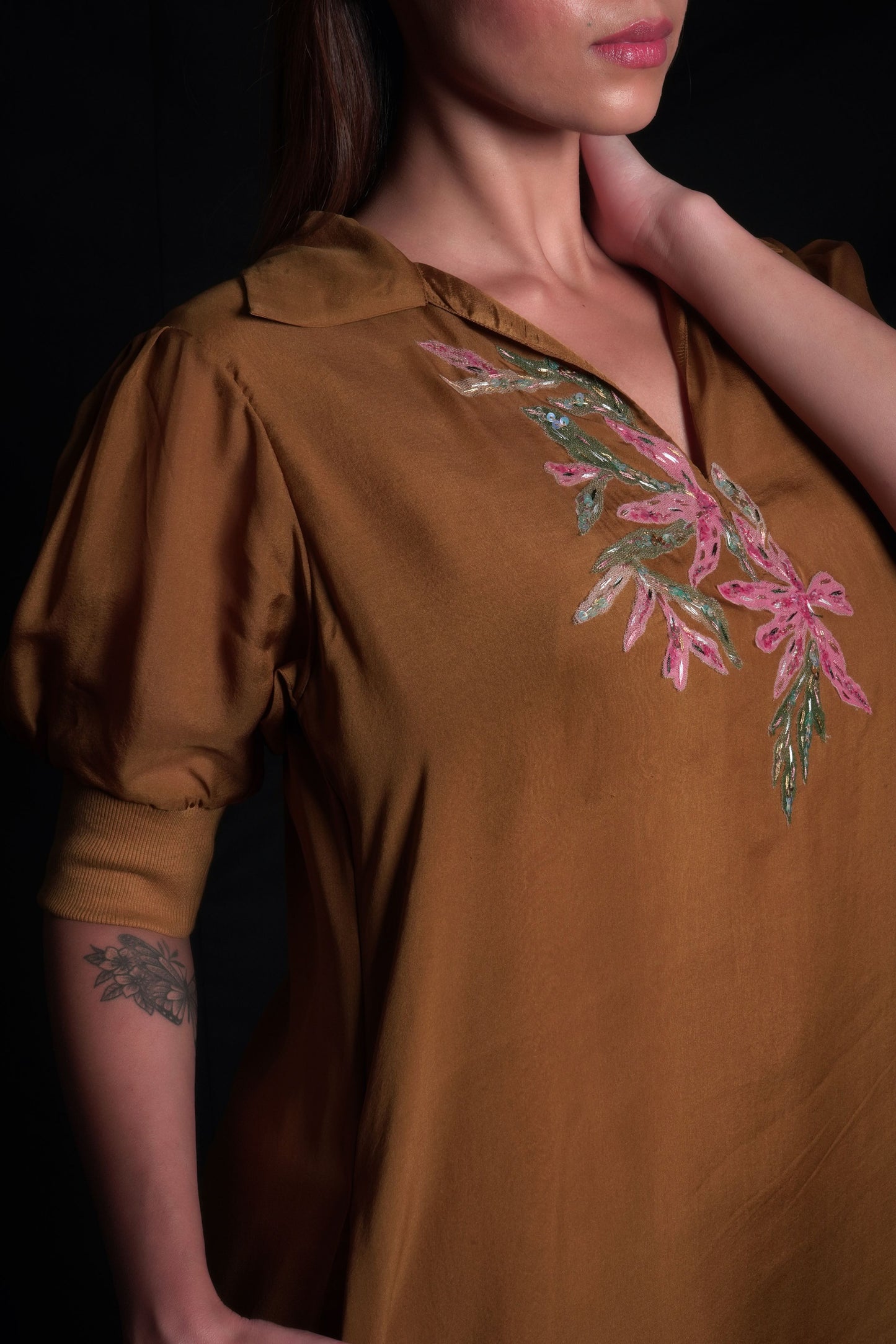 Golden Brown Collared Dress With Embroidery
