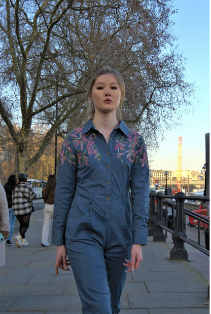 Titanium jumpsuit featuring tulle hand-embroidery