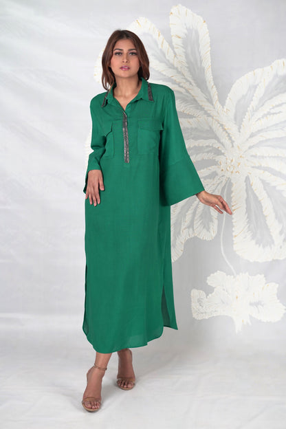 Mira Placket Embroidered Long Dress
