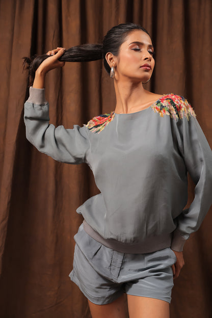 Titanium sweatshirt with organza applique embroidery