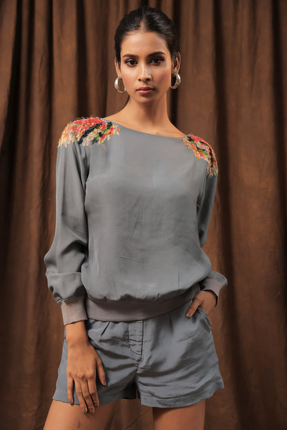 Titanium sweatshirt with organza applique embroidery