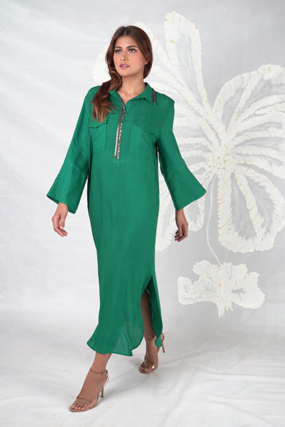 Mira Placket Embroidered Long Dress