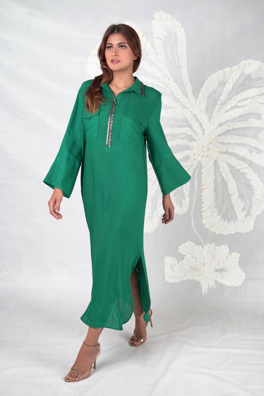 Mira Placket Embroidered Long Dress